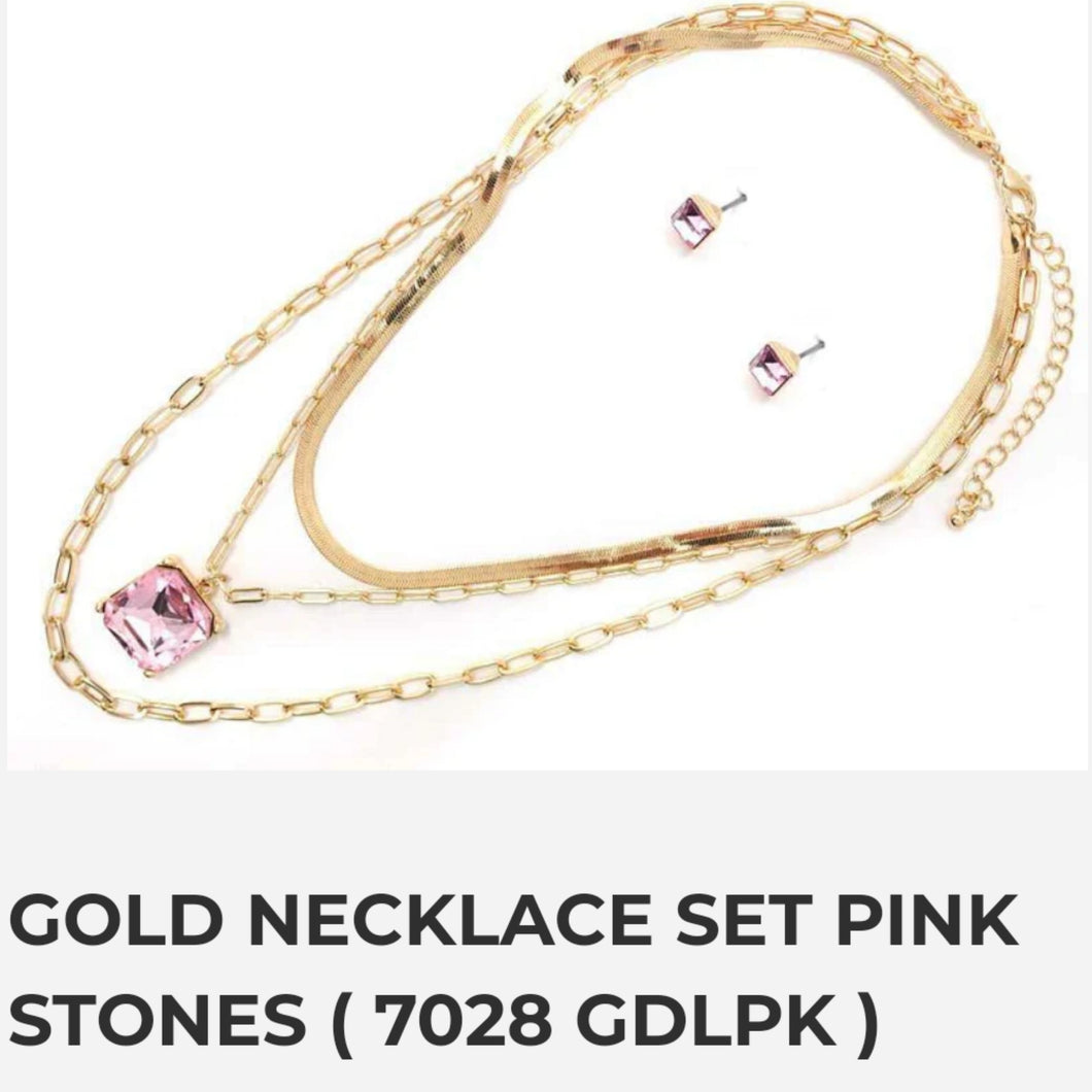 Gold Necklace Set Pink Stones