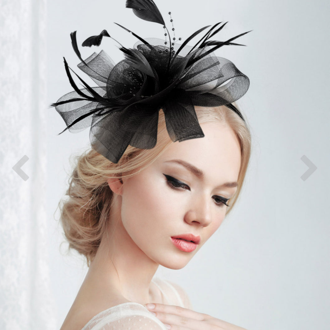 SK Black Floral Feather Mesh Fascinator