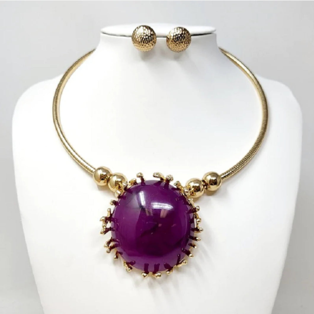 Gold Choker Purple Stone Necklace Set