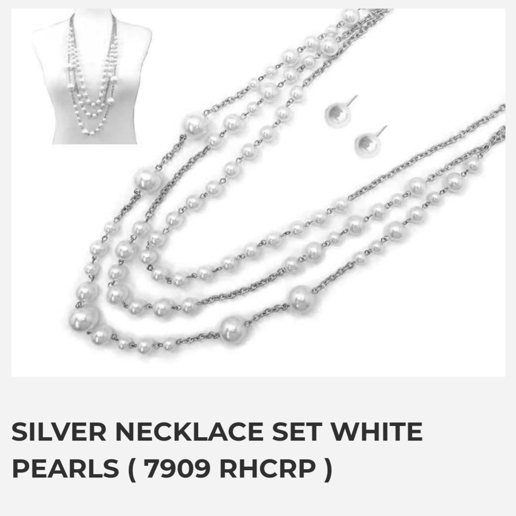 Silver Necklace Set White Pearls