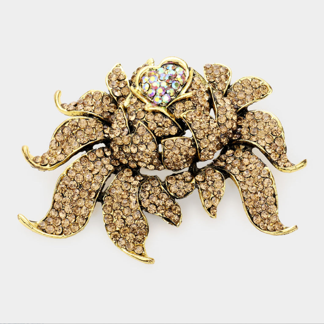 Round Stone Embellished Flower Brooch