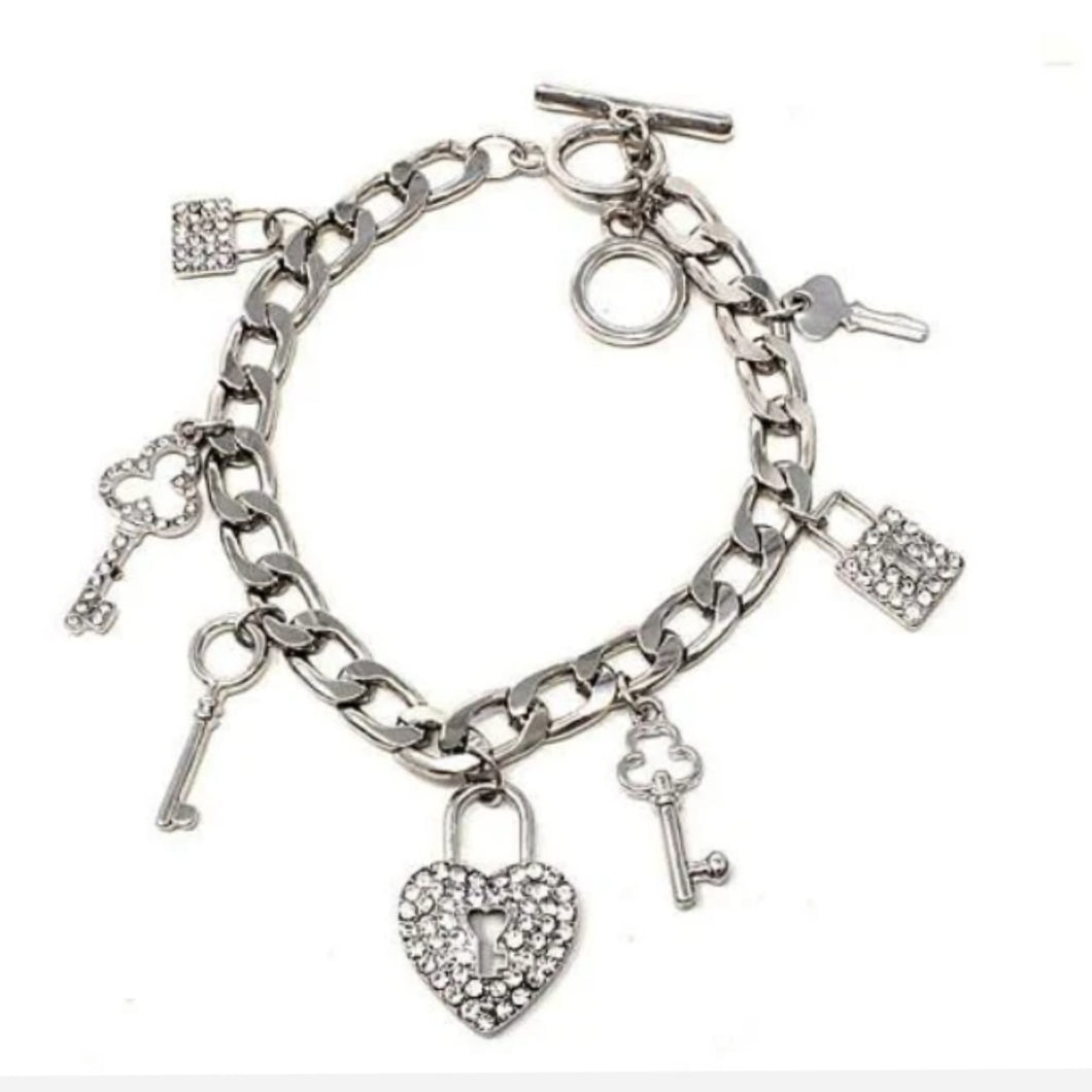 Silver Heart Lock Keys Charm Bracelet